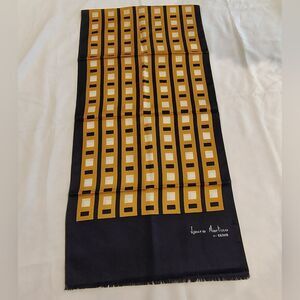 Laura Martino Long Fringe Vintage Silk Scarf Geometric Navy Blue & Gold